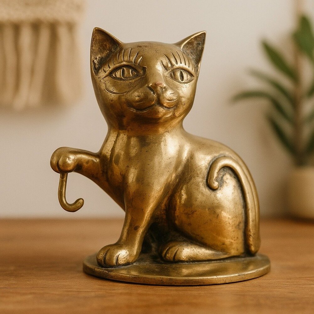 Vintage Brass Fishing Cat Figurine Hook Mid Century Feline Statue Retro Decor